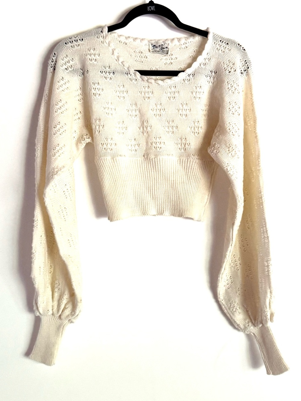 Vintage 1950a 1960s 1979a 1980s Ivory Open Kint Puff Sleeve Cropped Sweater